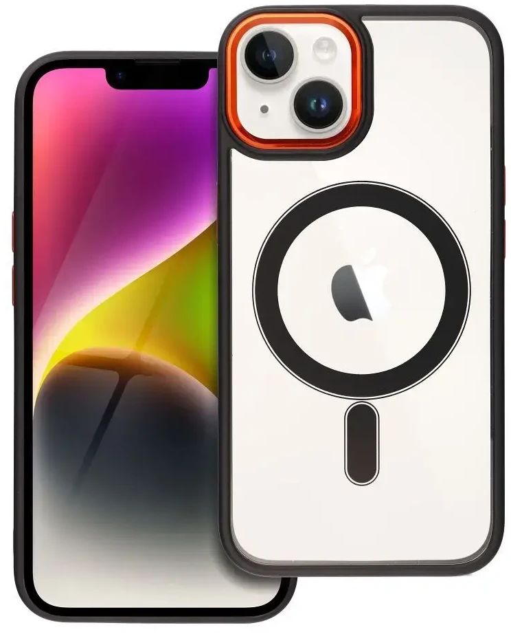 OEM dėklas, skirtas iPhone 14, spalvotas kraštas, suderinamas su MagSafe, juodas-auksinis
