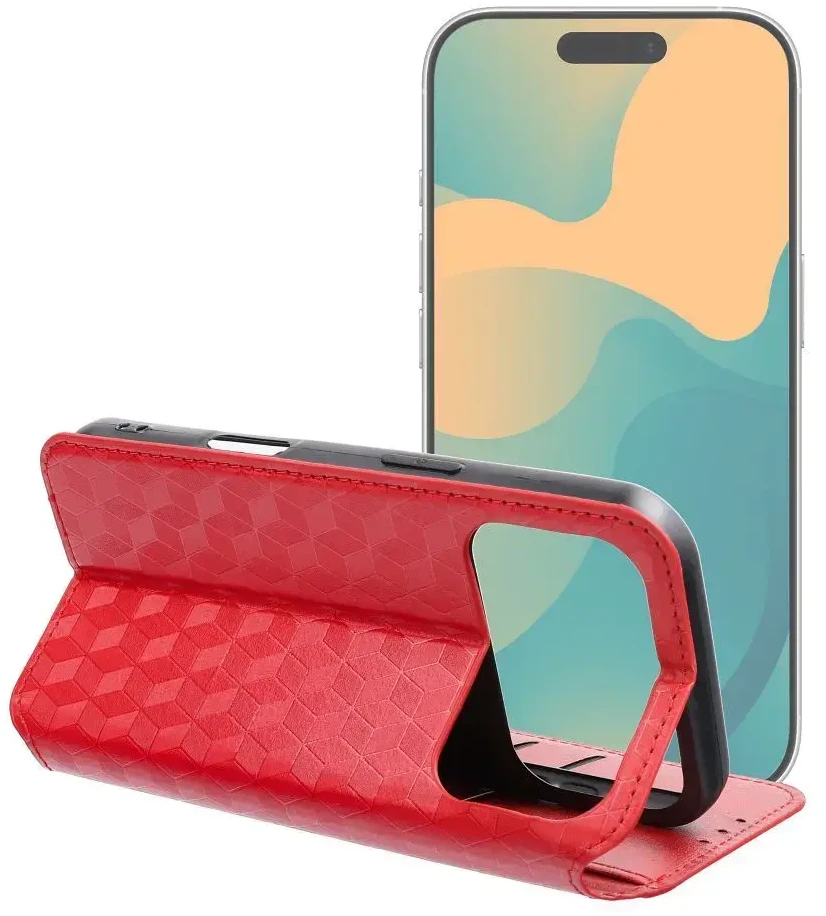 OEM atverčiamas dėklas, skirtas iPhone 17 PRO / 18 PRO, „Cubic Book“, raudonas