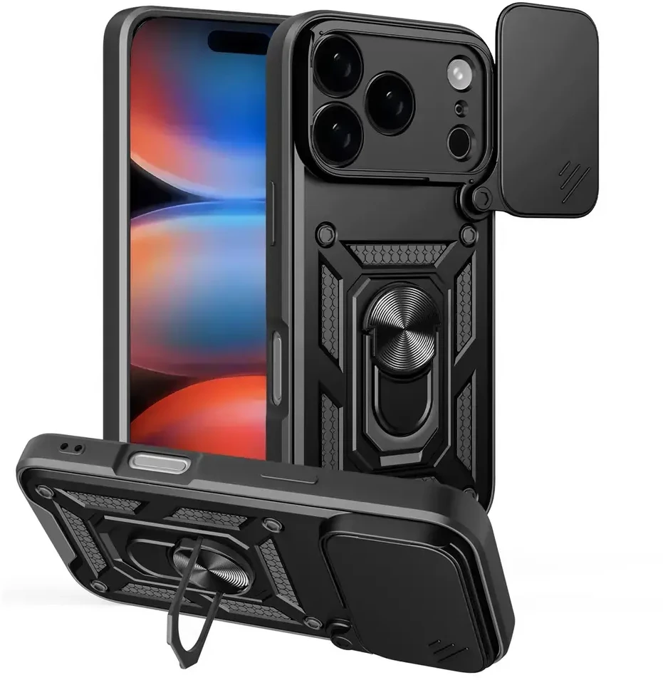 Hurtel Dėklas Hybrid Armor Camshield skirtas Apple iPhone 17 Pro Max šarvuotas su stoveliu ir kameros apsauga – juodos spalvos