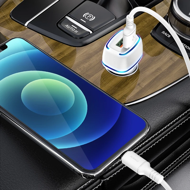 Oem KAKU automobilinis įkroviklis KSC-528 Shengyu – 2xUSB – 2,8A su USB į Micro USB baltos spalvos