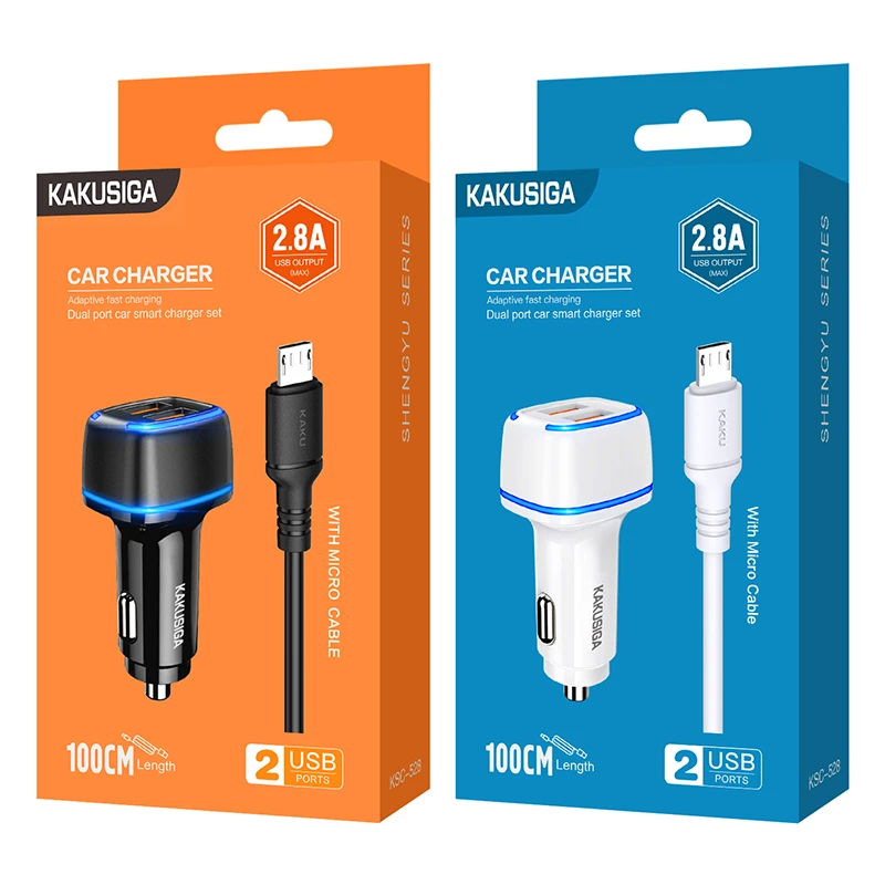Oem KAKU automobilinis įkroviklis KSC-528 Shengyu – 2xUSB – 2,8A su USB į Micro USB baltos spalvos