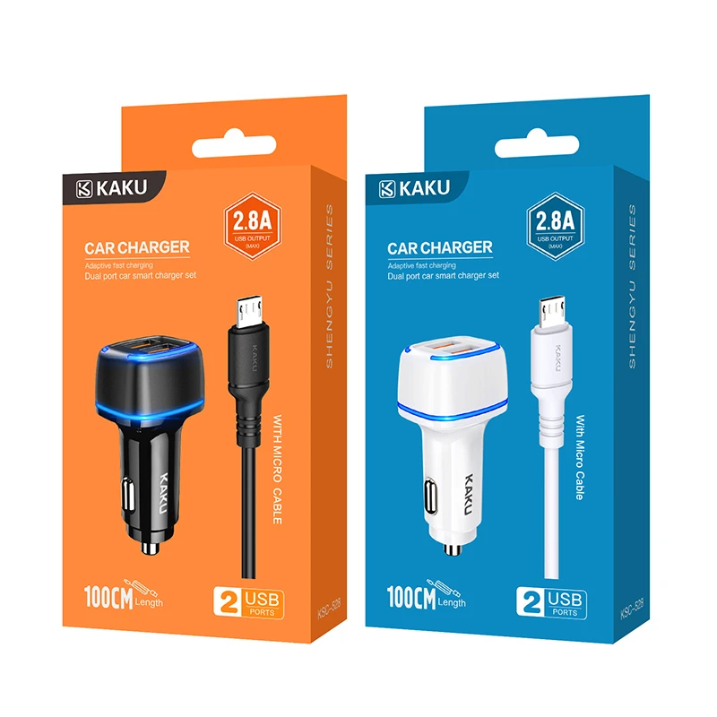 Oem KAKU automobilinis įkroviklis KSC-528 Shengyu – 2xUSB – 2,8A su USB į Micro USB juodos spalvos