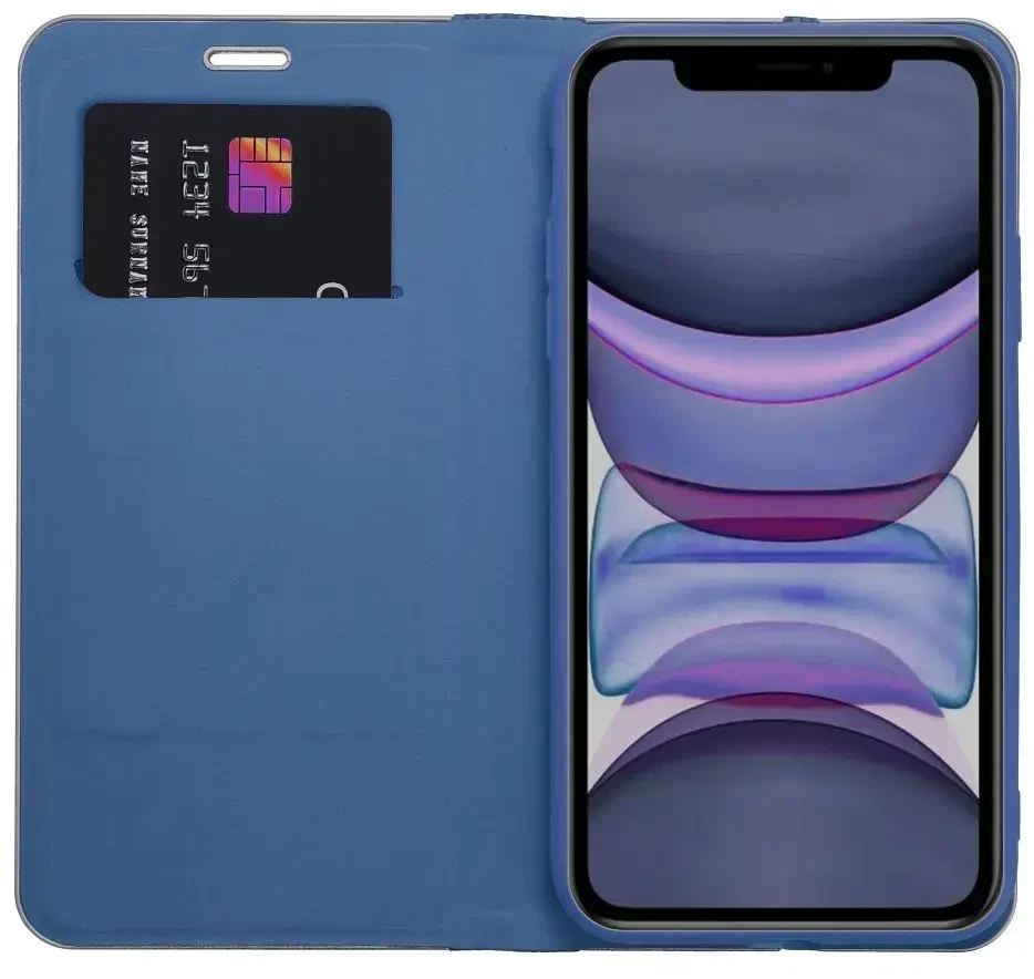 OEM atverčiamas dėklas iPhone 14 Luna Book Carbon mėlynas