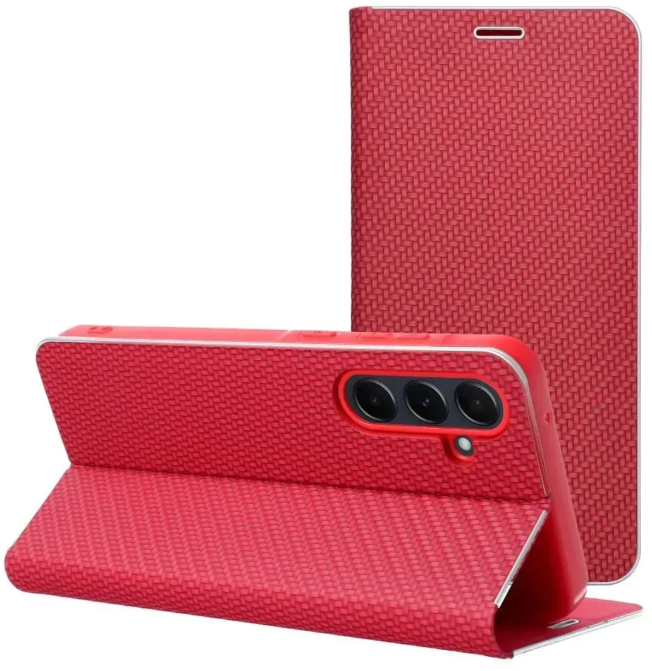 OEM LUNA Book Carbon dėklas Xiaomi Redmi Note 14 PRO 5G / 14 PRO PLUS 5G, raudonas