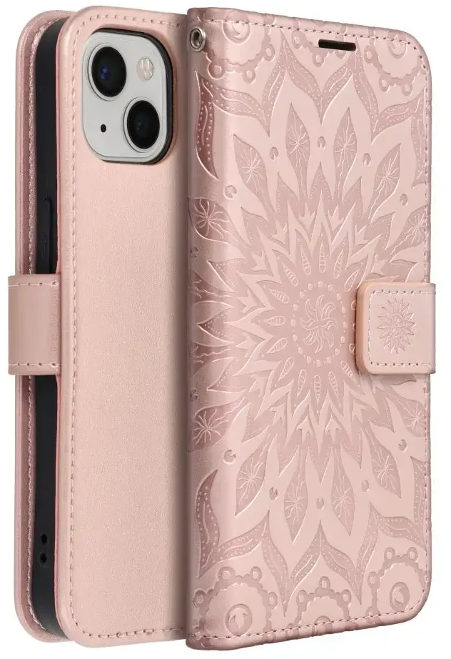 Forcell OEM atverčiamas dėklas iPhone 13 telefonui „Mezzo Book“ su mandala rožės spalvos auksiniu atverčiamu dėklu.