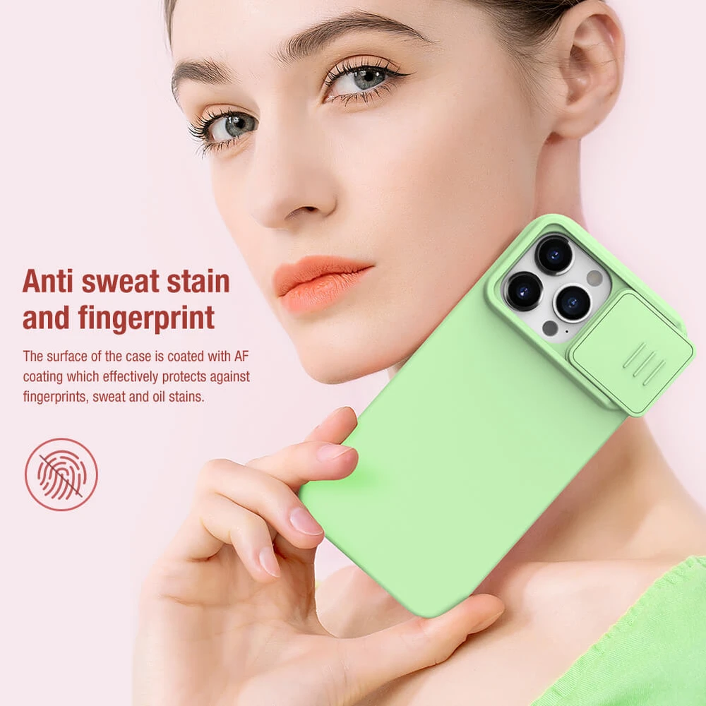 Dėklas Nillkin CamShield Silky Silicone Apple iPhone 15 Pro šviesiai žalias