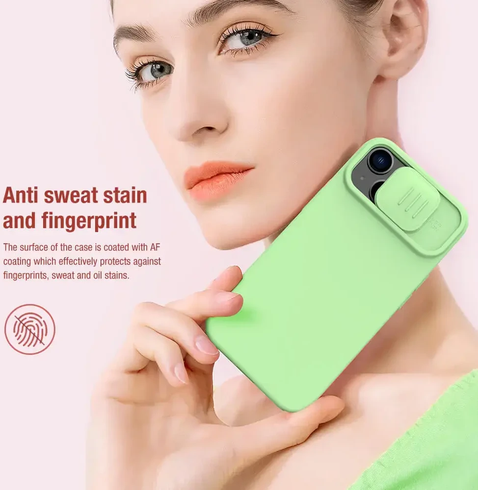 Nillkin CamShield Silky silikoninis iPhone 14 Plus dėklas telefonui su kameros apsauga, juodos spalvos