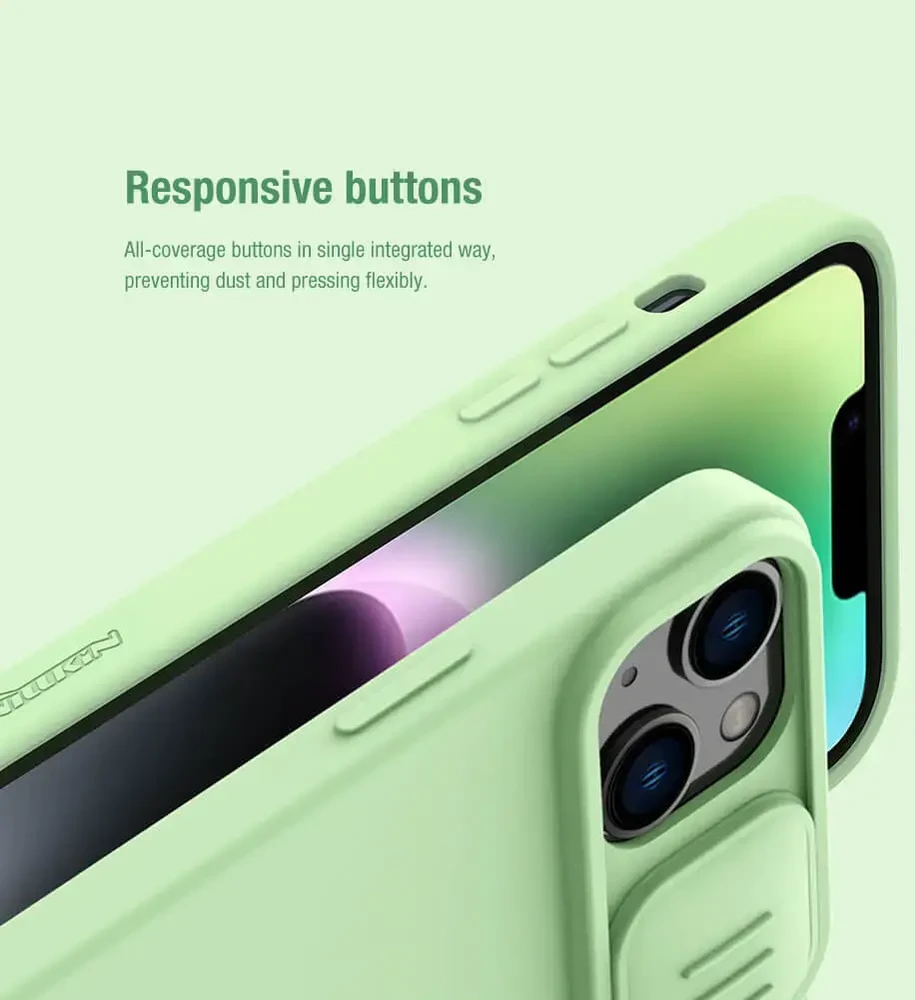Nillkin CamShield Silky silikoninis iPhone 14 Plus dėklas telefonui su kameros apsauga, juodos spalvos