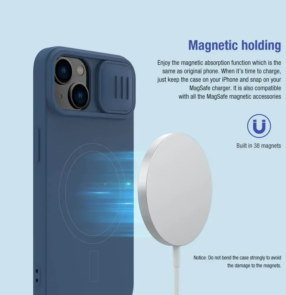 Nillkin CamShield Silky silikoninis iPhone 14 Plus dėklas telefonui su kameros apsauga, juodos spalvos