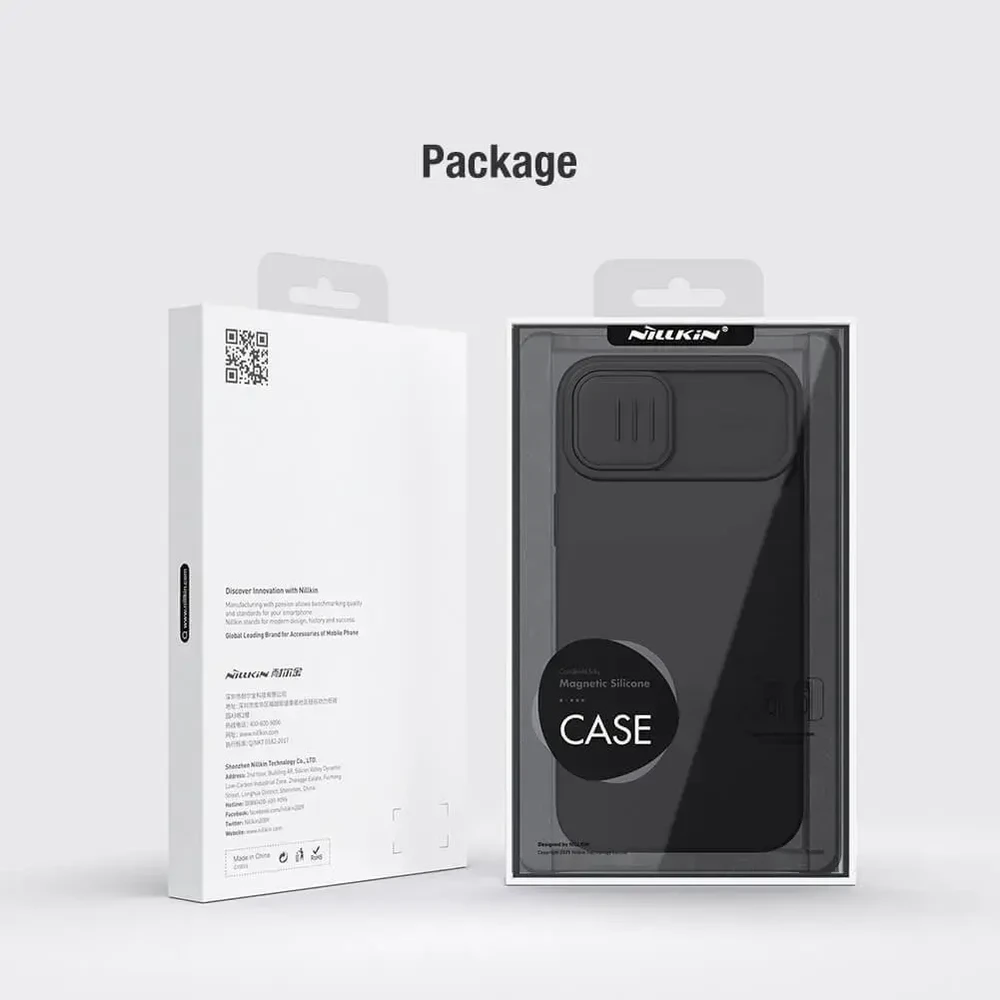 Nillkin CamShield Silky silikoninis iPhone 14 Plus dėklas telefonui su kameros apsauga, juodos spalvos