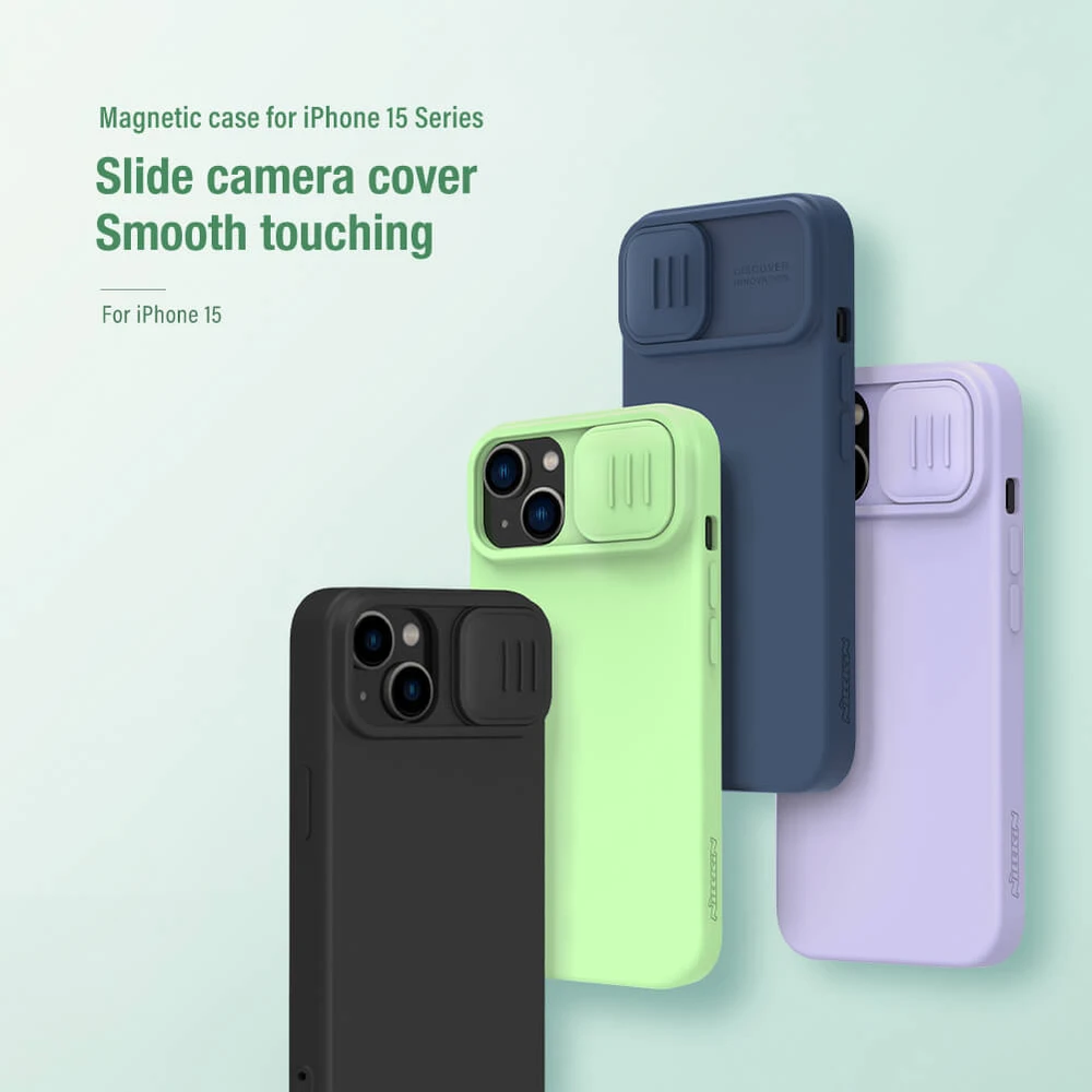 Dėklas Nillkin CamShield Silky Silicone Apple iPhone 15 Plus tamsiai mėlynas