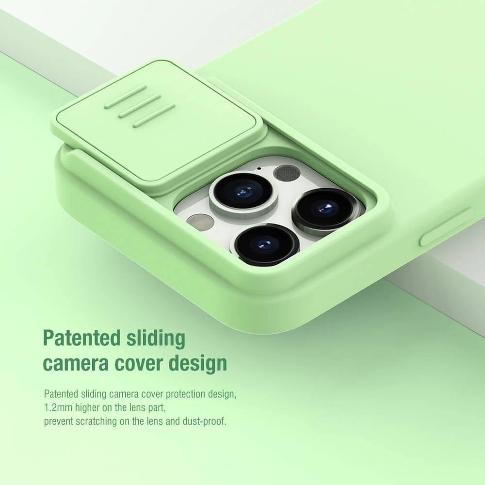 Dėklas Nillkin CamShield Silky Silicone Apple iPhone 15 Pro šviesiai žalias