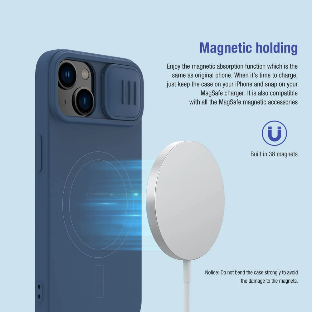 Dėklas Nillkin CamShield Silky Silicone Apple iPhone 15 Plus tamsiai mėlynas