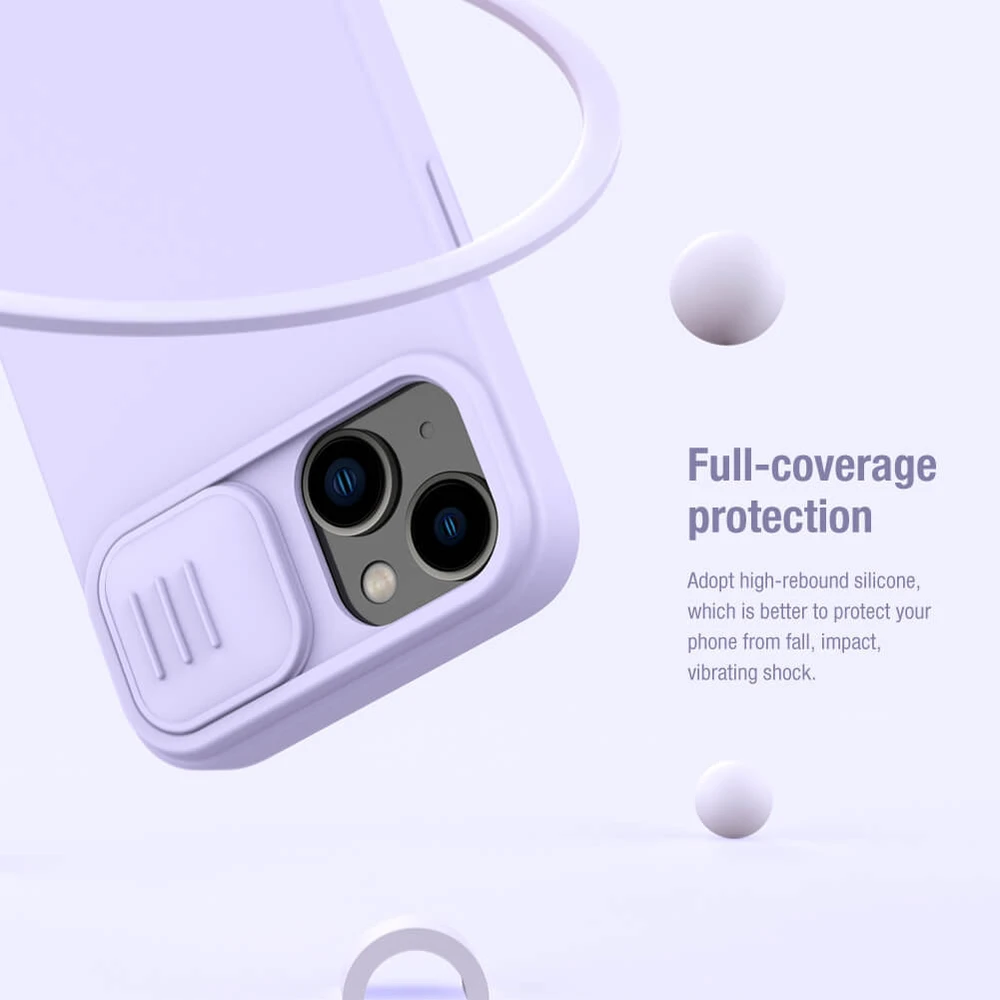 Dėklas Nillkin CamShield Silky Silicone Apple iPhone 15 Plus šviesiai violetinis