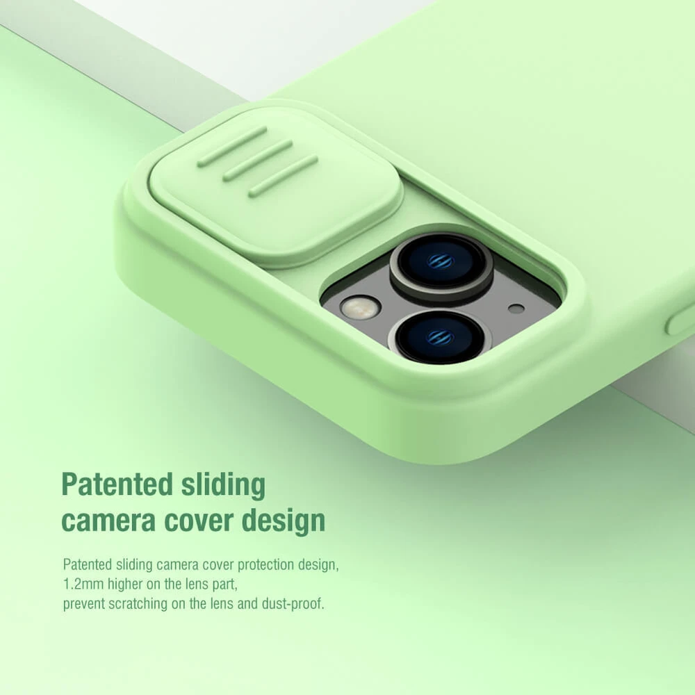 Dėklas Nillkin CamShield Silky Silicone Apple iPhone 15 Plus šviesiai violetinis