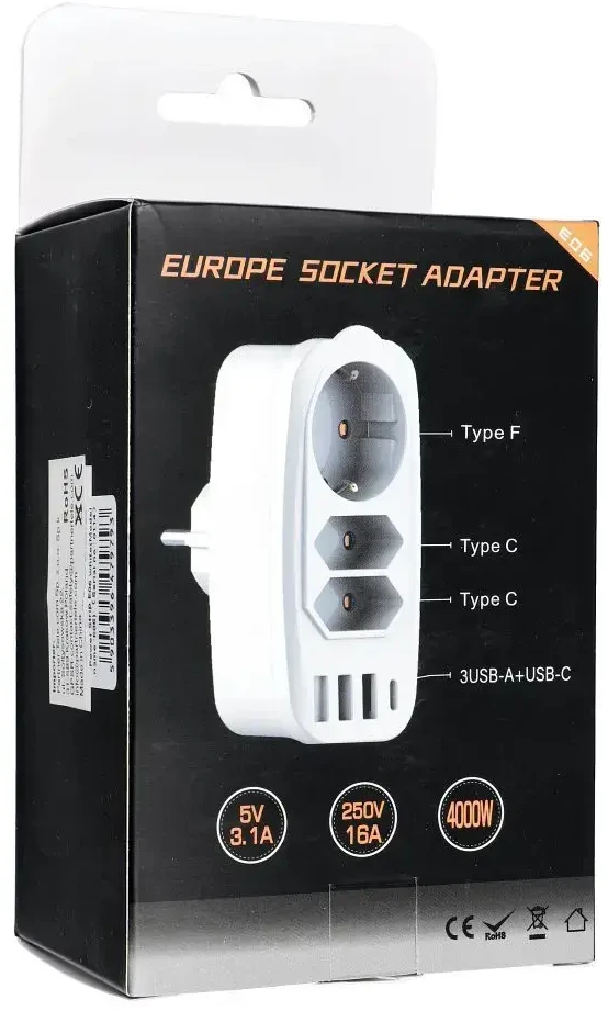 Oem Power strip with 3 sockets max 16A with 3x USB A, 1x typ C jungtys E06 baltas