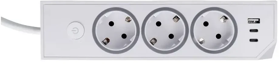 Oem rozetė su 3 lizdais, maks. 3680W, 1xUSB A, 2x type C 25W jungtys su 1,5 m maitinimo laidu E59 balta