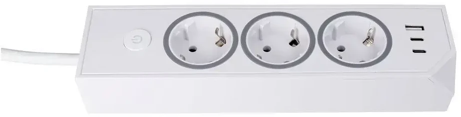 Oem rozetė su 3 lizdais, maks. 3680W, 1xUSB A, 2x type C 25W jungtys su 1,5 m maitinimo laidu E59 balta