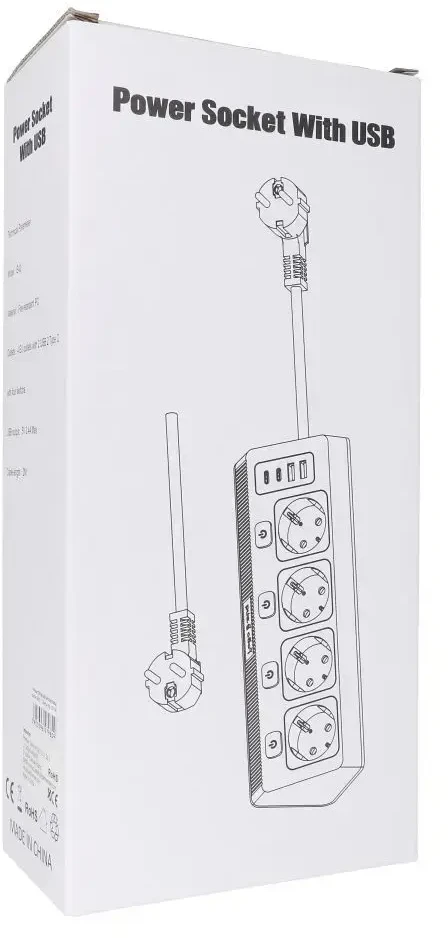 Oem Power strip with 4 sockets max 3680W, 2xUSB A, 2x type C jungtys with 2m power cable E42 baltas
