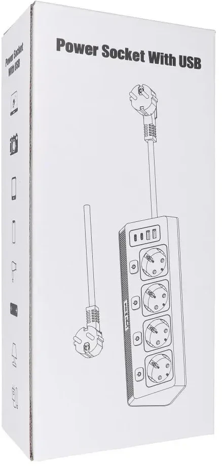 Oem Power strip with 4 sockets max 3680W, 2xUSB A, 2x type C jungtys with 2m power cable E42 baltas