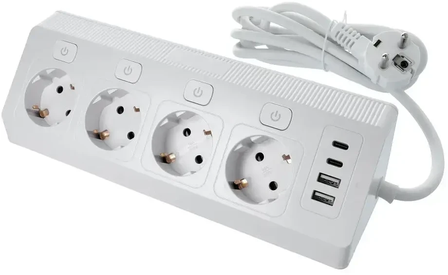 Oem Power strip with 4 sockets max 3680W, 2xUSB A, 2x type C jungtys with 2m power cable E42 baltas