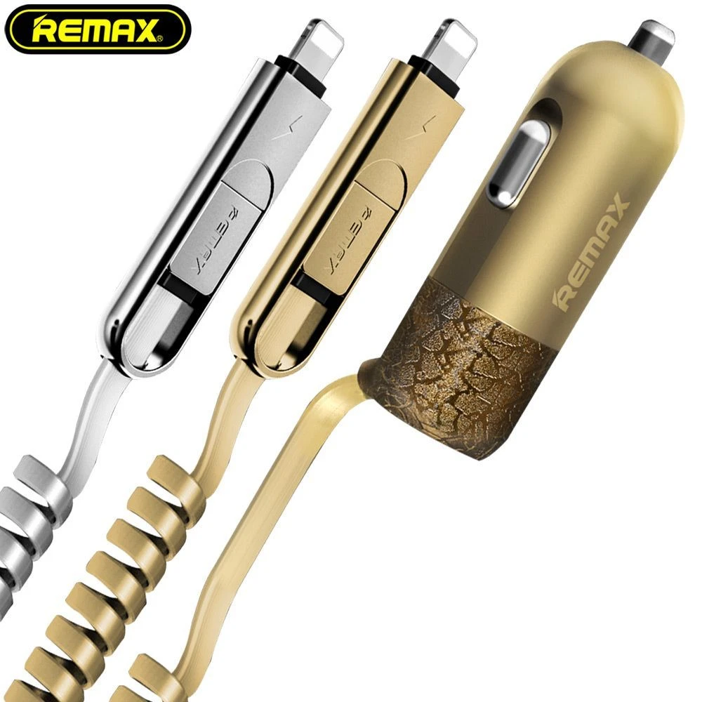 REMAX automobilinis įkroviklis RCC-103 Finchy – USB – 3,4A su „Lightning“ + „MicroUSB“ laidu, sidabrinis