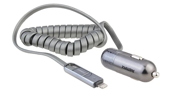 REMAX automobilinis įkroviklis RCC-103 Finchy – USB – 3,4A su „Lightning“ + „MicroUSB“ laidu, sidabrinis