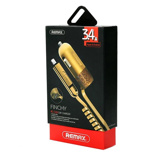 REMAX automobilinis įkroviklis RCC-103 Finchy – USB – 3,4A su „Lightning“ + „MicroUSB“ laidu, sidabrinis