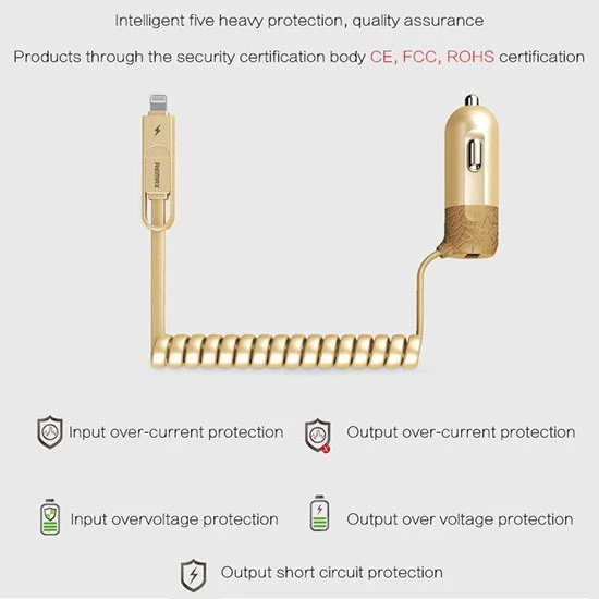REMAX automobilinis įkroviklis RCC-103 Finchy – USB – 3,4A su „Lightning“ + „MicroUSB“ laidu, sidabrinis