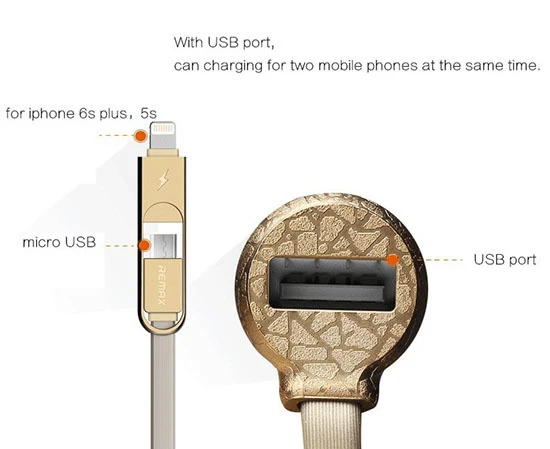 REMAX automobilinis įkroviklis RCC-103 Finchy – USB – 3,4A su „Lightning“ + „MicroUSB“ laidu, sidabrinis