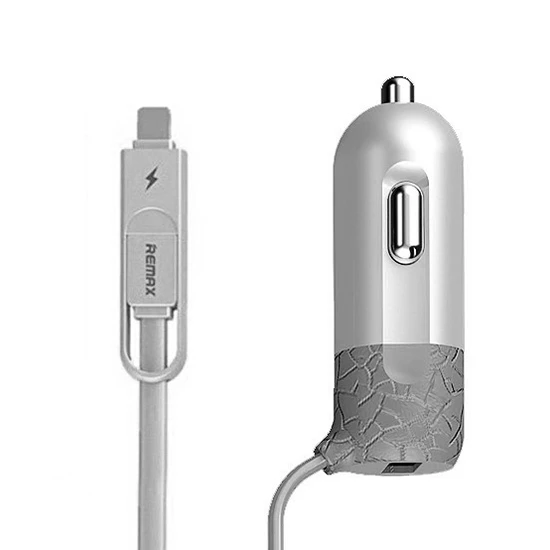 REMAX automobilinis įkroviklis RCC-103 Finchy – USB – 3,4A su „Lightning“ + „MicroUSB“ laidu, sidabrinis