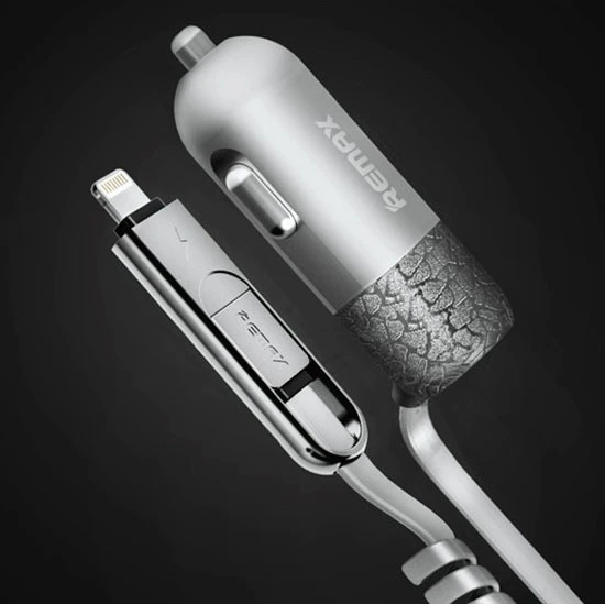REMAX automobilinis įkroviklis RCC-103 Finchy – USB – 3,4A su „Lightning“ + „MicroUSB“ laidu, sidabrinis