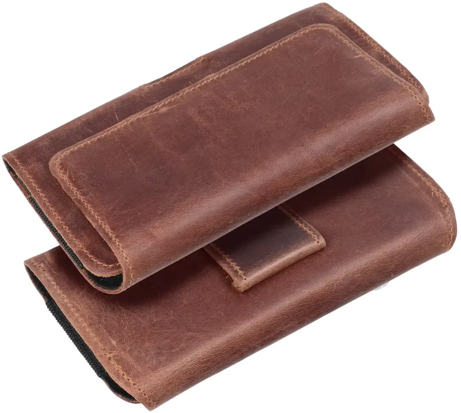 Dėklas Oem ROYAL Crazy Horse universal horizontal leather belt holster dydis L skirtas Apple iPhone 12 / 12 PRO / 13 / 13 PRO / 14 / 14 PRO / Samsung Galaxy S10 / S20 / S21 / A40 / Huawei P8 LITE / P30 / P40 / P9 LITE rudos spalvos