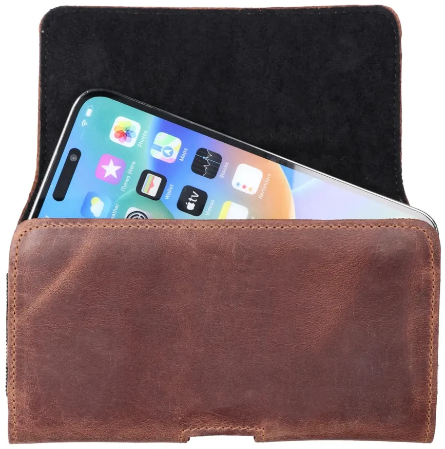 Dėklas Oem ROYAL Crazy Horse universal horizontal leather belt holster dydis L skirtas Apple iPhone 12 / 12 PRO / 13 / 13 PRO / 14 / 14 PRO / Samsung Galaxy S10 / S20 / S21 / A40 / Huawei P8 LITE / P30 / P40 / P9 LITE rudos spalvos