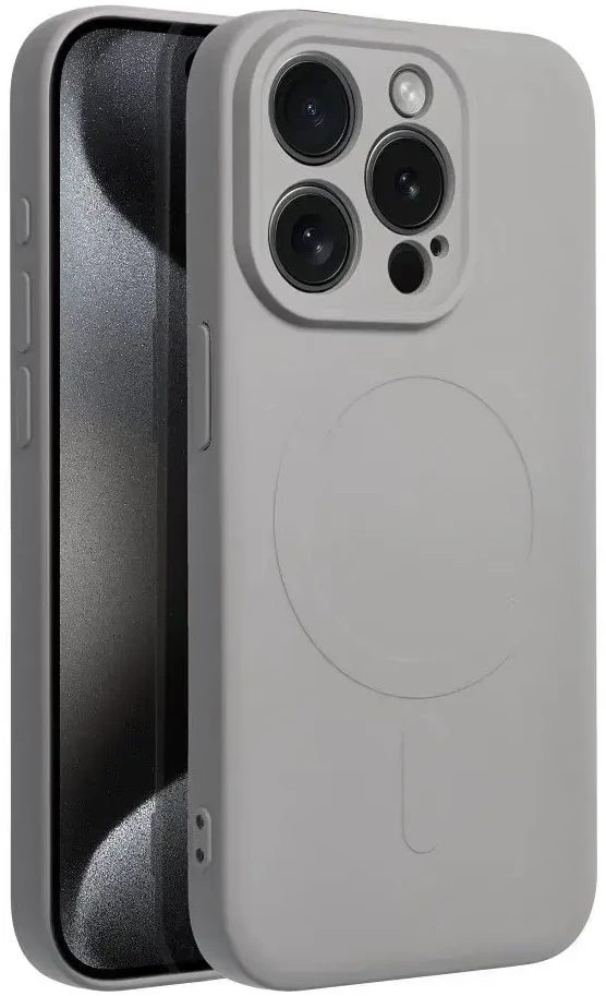 OEM dėklas, skirtas „iPhone 15 PRO“ silikoniniam „Mag“ dėklui, suderinamas su „MagSafe“ (fotoaparato apsauga), titano pilkos spalvos.