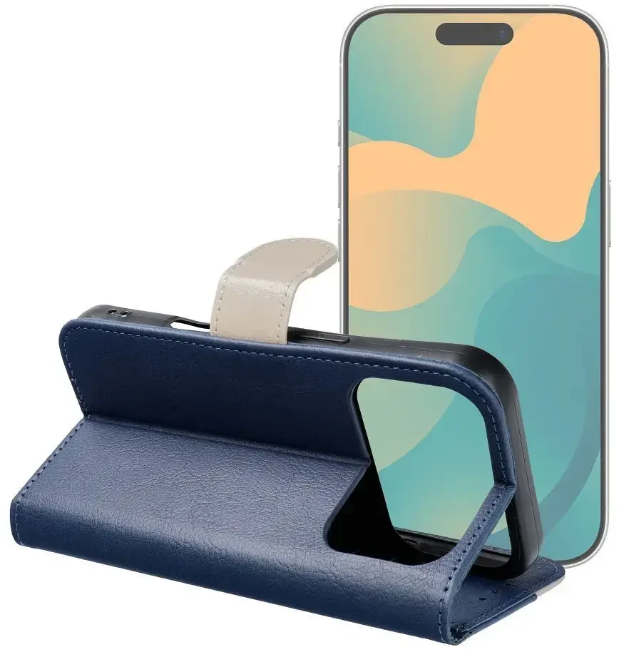 OEM atverčiamas dėklas, skirtas iPhone 17 PRO / 18 PRO, „Split Book“, tamsiai mėlynas ir kreminis