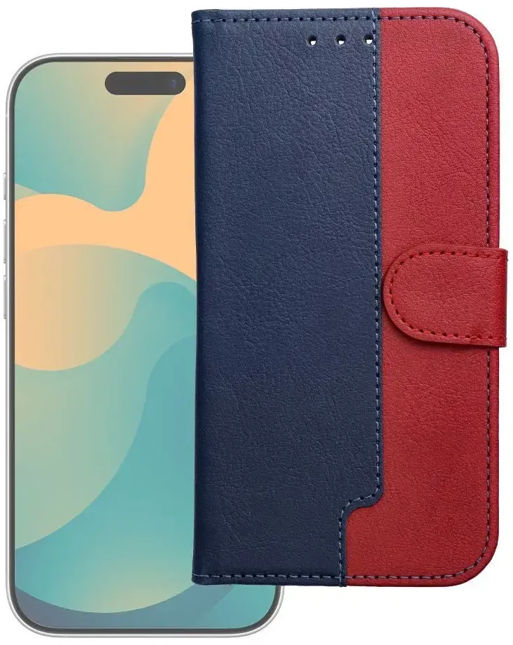 OEM atverčiamas dėklas, skirtas iPhone 17 PRO / 18 PRO, su knygutės formos iškirpte, tamsiai mėlynas ir raudonas