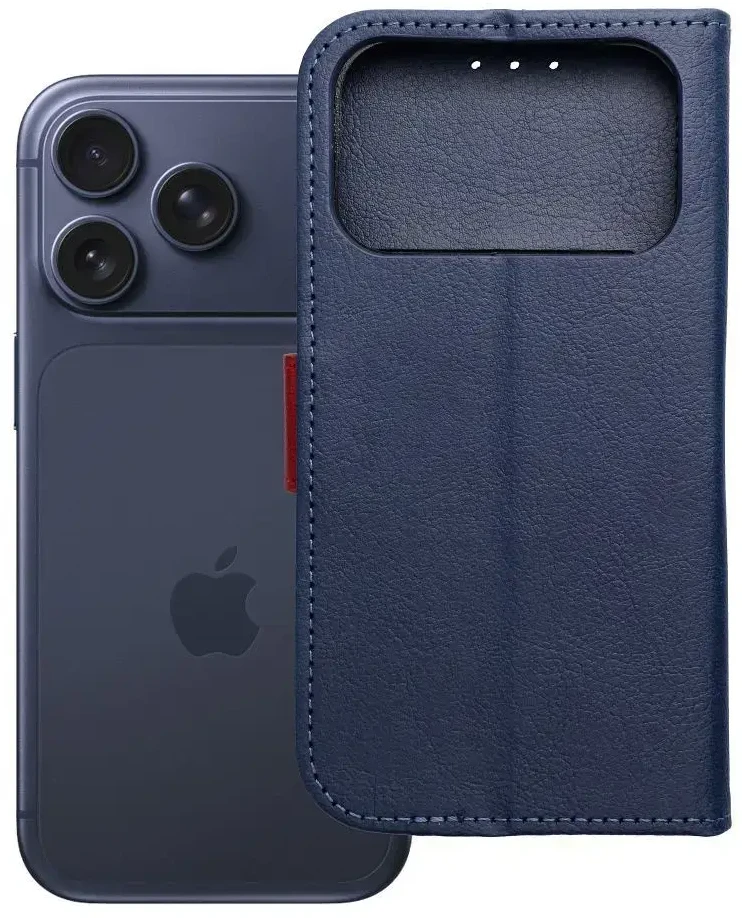 OEM atverčiamas dėklas, skirtas iPhone 17 PRO / 18 PRO, su knygutės formos iškirpte, tamsiai mėlynas ir raudonas