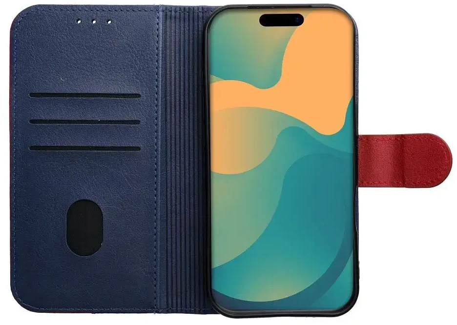 OEM atverčiamas dėklas, skirtas iPhone 17 PRO / 18 PRO, su knygutės formos iškirpte, tamsiai mėlynas ir raudonas