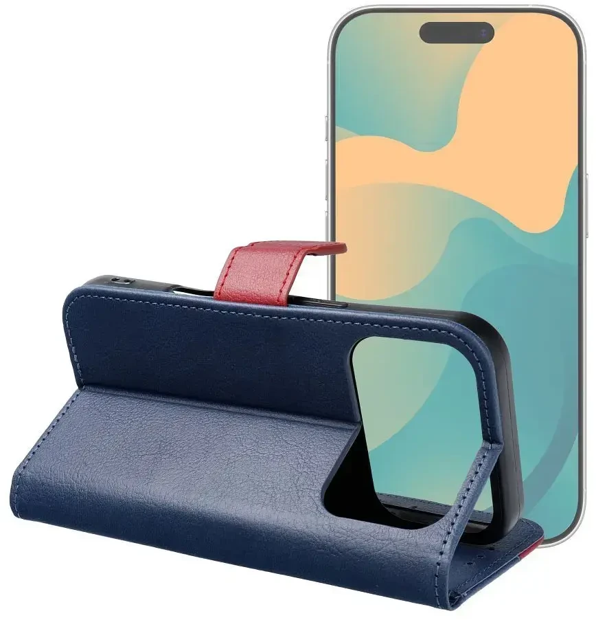 OEM atverčiamas dėklas, skirtas iPhone 17 PRO / 18 PRO, su knygutės formos iškirpte, tamsiai mėlynas ir raudonas