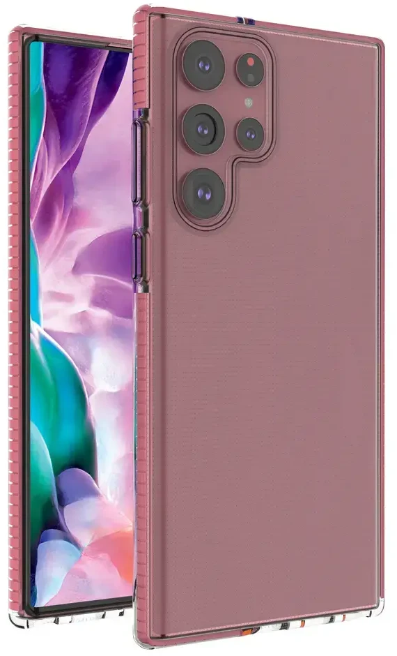Hurtel Spring dėklas su spalvotu rėmeliu skirtas Samsung Galaxy S22 Ultra, šviesiai rožinis