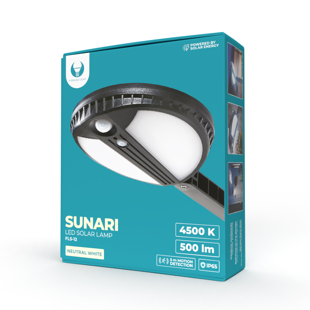 TelForceone SUNARI saulės lempa LED FLS-12 70*SMD PIR 6W 500lm 4500K 2400mAh Li-ion"Forever" šviesiai