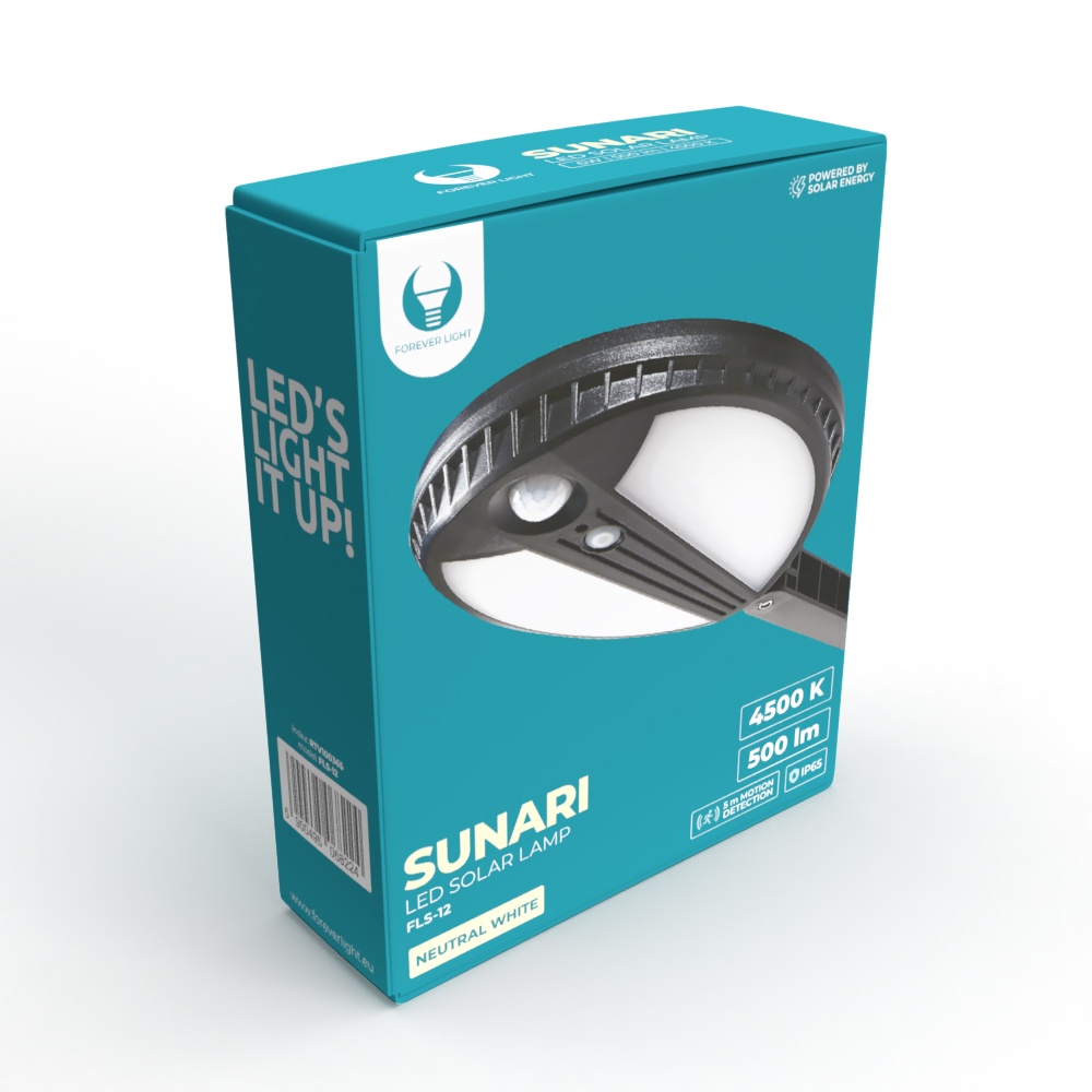 TelForceone SUNARI saulės lempa LED FLS-12 70*SMD PIR 6W 500lm 4500K 2400mAh Li-ion"Forever" šviesiai