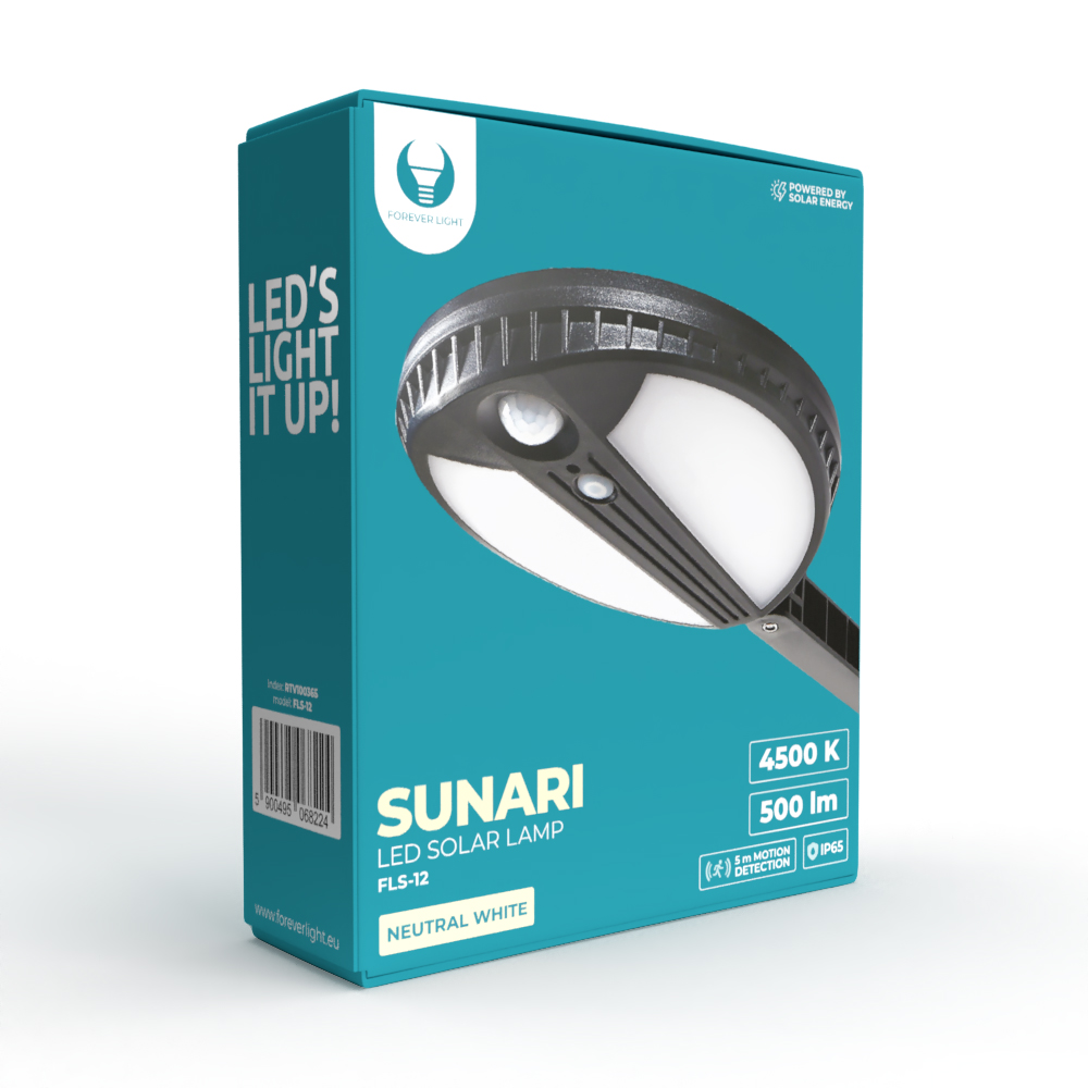 TelForceone SUNARI saulės lempa LED FLS-12 70*SMD PIR 6W 500lm 4500K 2400mAh Li-ion"Forever" šviesiai