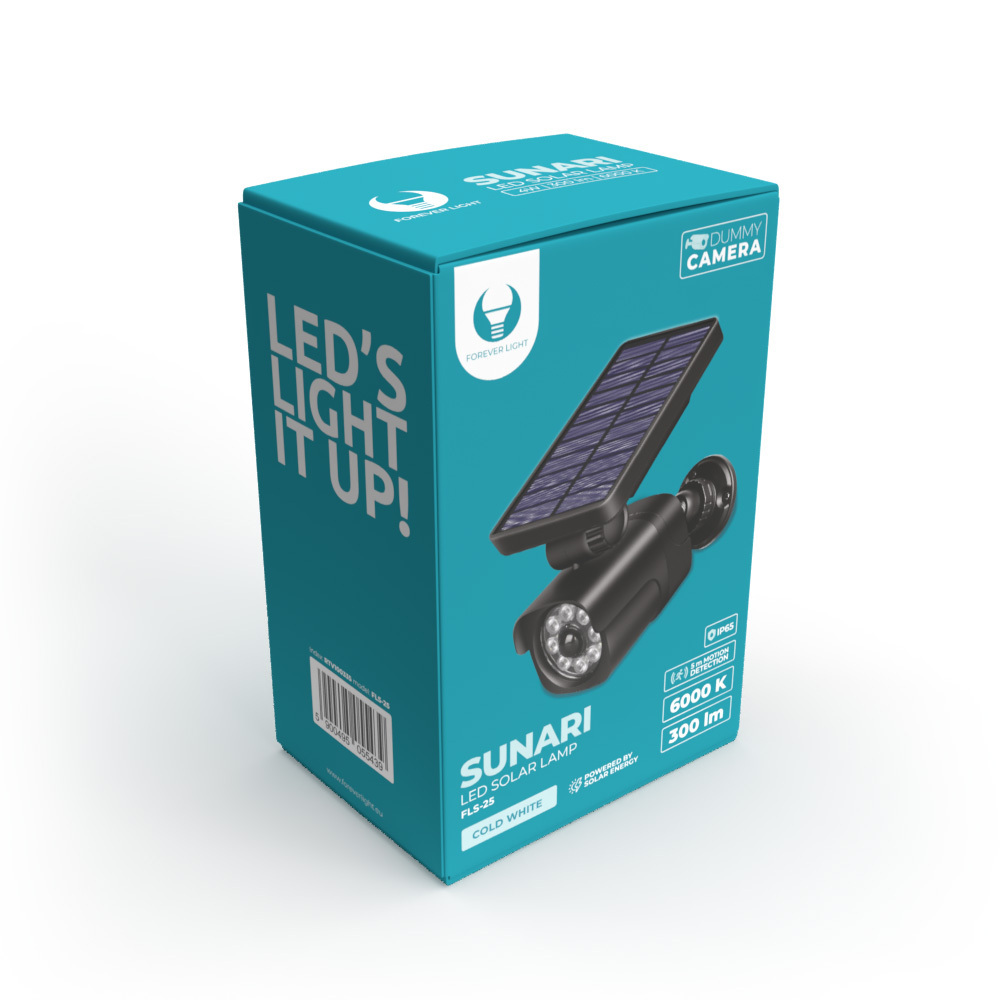 SUNARI saulės lempa LED FLS-25 SMD PIR manekeno kamera 4W 300lm 6000K 1500mAh Li-Ion Forever Light