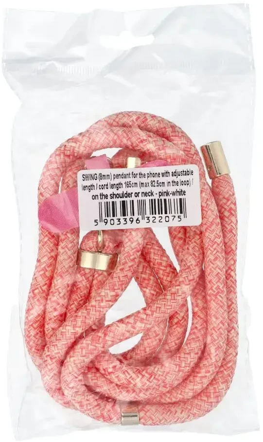 OEM SWING (8 mm) telefono virvelė, reguliuojamo ilgio telefono pakabukas / laido ilgis 165 cm (maks. 82,5 cm kilpoje) / ant peties arba kaklo - pink-baltas