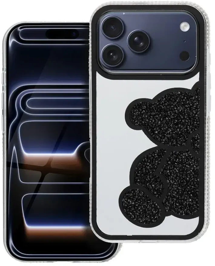 OEM dėklas, skirtas iPhone 17 Pro / 18 Pro (žemas kameros kraštas), meškiukas, juodas