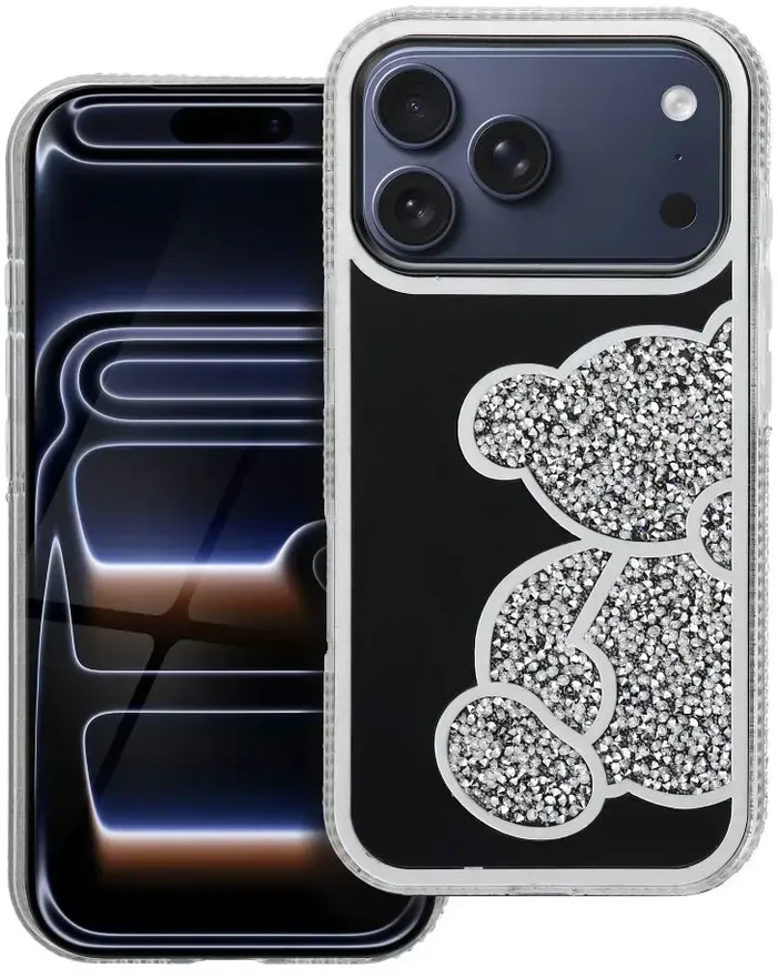 OEM dėklas, skirtas iPhone 17 Pro / 18 Pro (žemas kameros kraštas), meškiuko sidabrinis