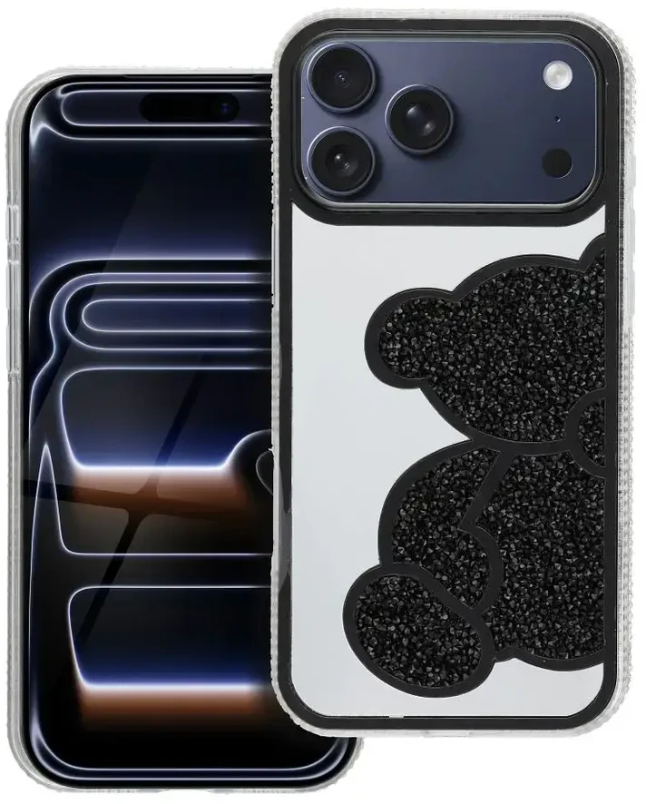 OEM dėklas, skirtas iPhone 17 Pro Max / 18 Pro Max (žemas kameros kraštas), meškiuko formos, juodas