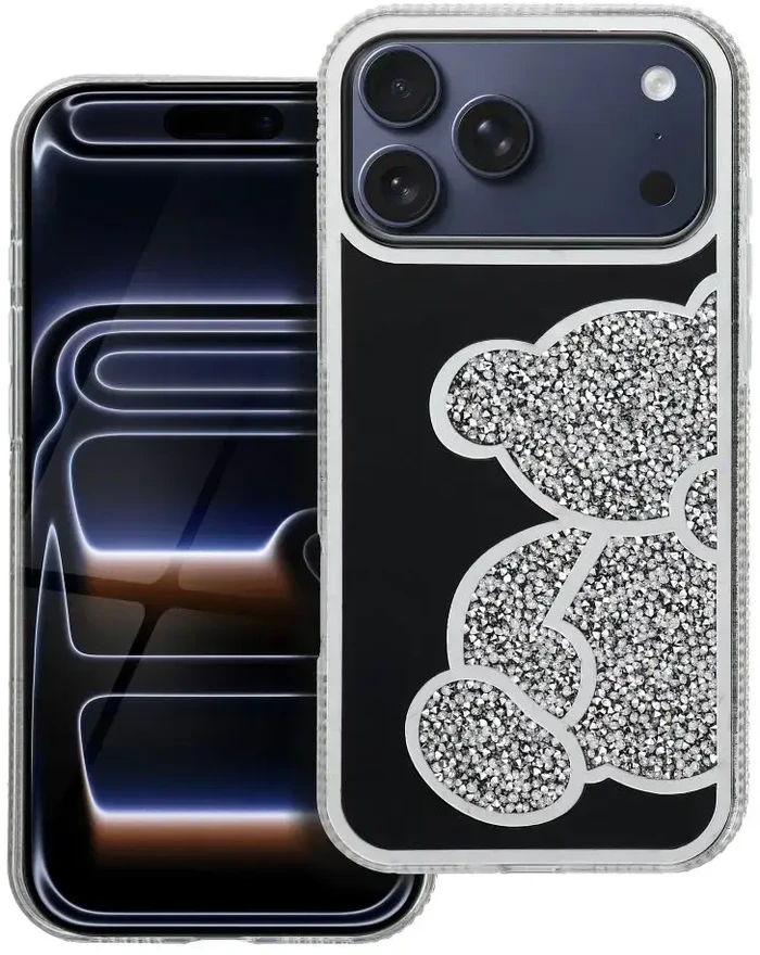OEM dėklas, skirtas iPhone 17 Pro Max / 18 Pro Max (žemas kameros kraštas) meškiuko sidabrinis